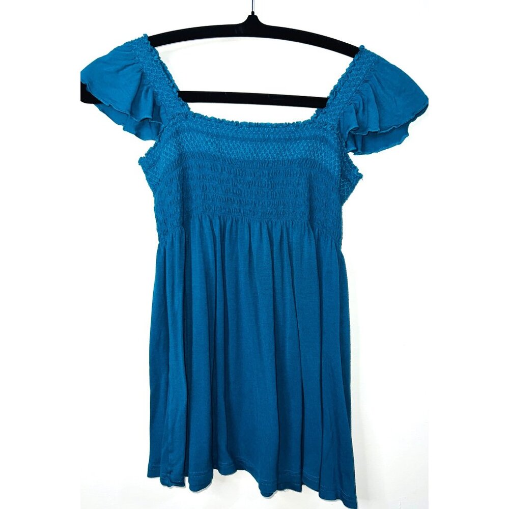 H&M Teal Smocked Off-Shoulder Top Womens M 100% Viscose Lightweight - Picture 2 of 4